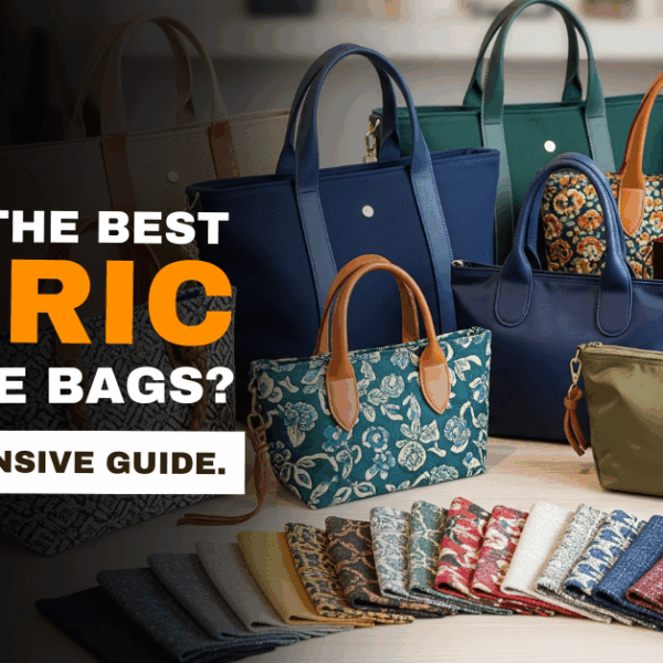 Different types of tote bags made from cotton, canvas, jute, polyester, and leather fabrics displayed with fabric swatches – best fabric guide by Okda Lifestyle.
