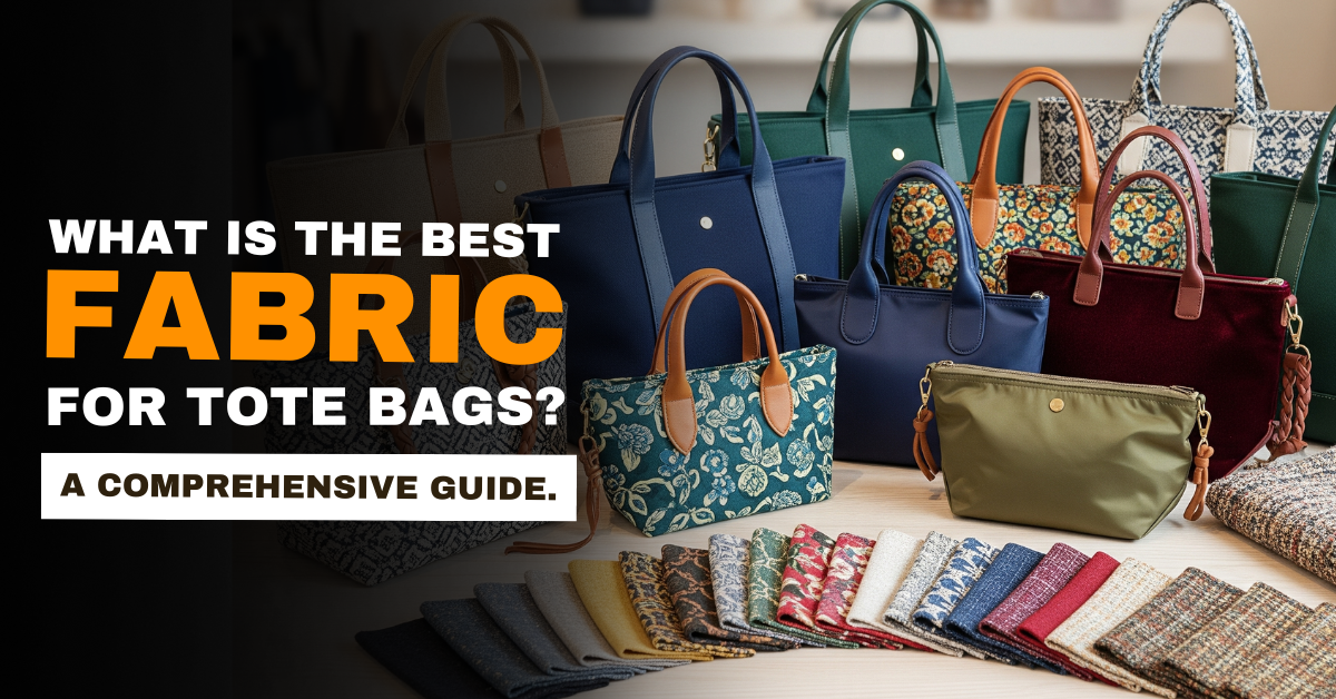 Different types of tote bags made from cotton, canvas, jute, polyester, and leather fabrics displayed with fabric swatches – best fabric guide by Okda Lifestyle.