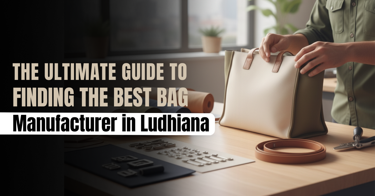 Bag manufacturer in Ludhiana crafting a high-quality handbag on a worktable with tools and material.