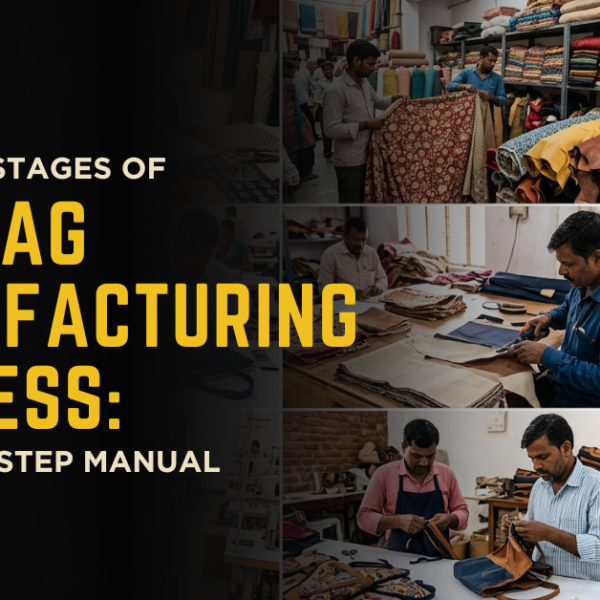 Bag manufacturing process step by step showing design, material selection, cutting, sewing, branding, quality checks, and packaging.