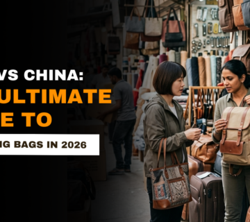 Sourcing bags from India vs China comparison infographic showing cost, quality, sustainability, production capacity, and manufacturing advantages in 2026.