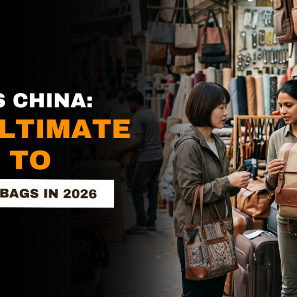 Sourcing bags from India vs China comparison infographic showing cost, quality, sustainability, production capacity, and manufacturing advantages in 2026.