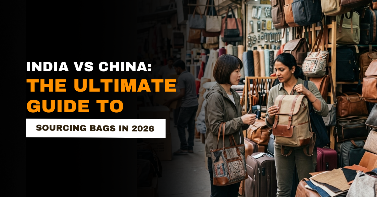 Sourcing bags from India vs China comparison infographic showing cost, quality, sustainability, production capacity, and manufacturing advantages in 2026.