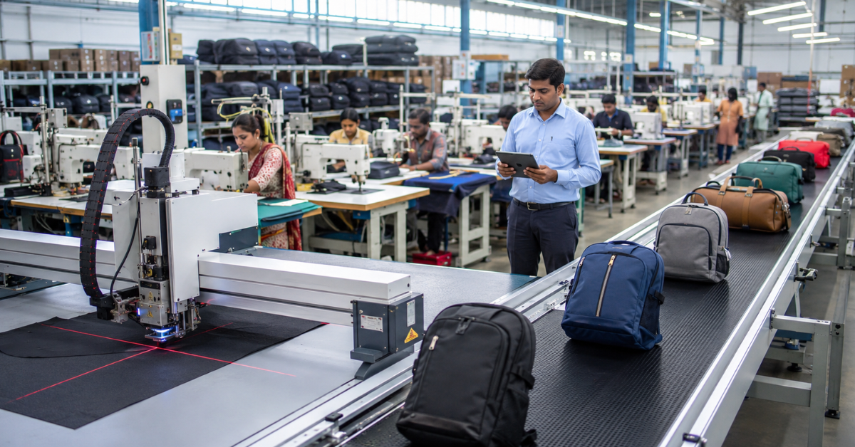 Modern bag manufacturing automation in India with advanced cutting, stitching, and quality control machines producing high-quality bags efficiently.