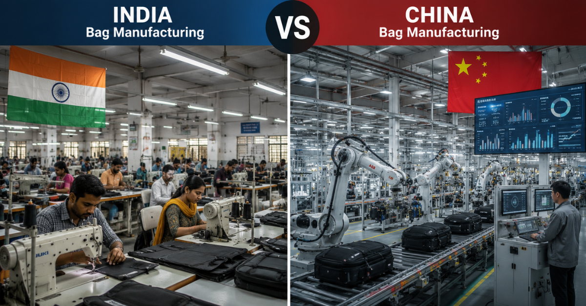 Bag Manufacturing in India Compared with China highlighting modern production, skilled workforce, and custom bag manufacturing by a leading Bag Manufacturer in India