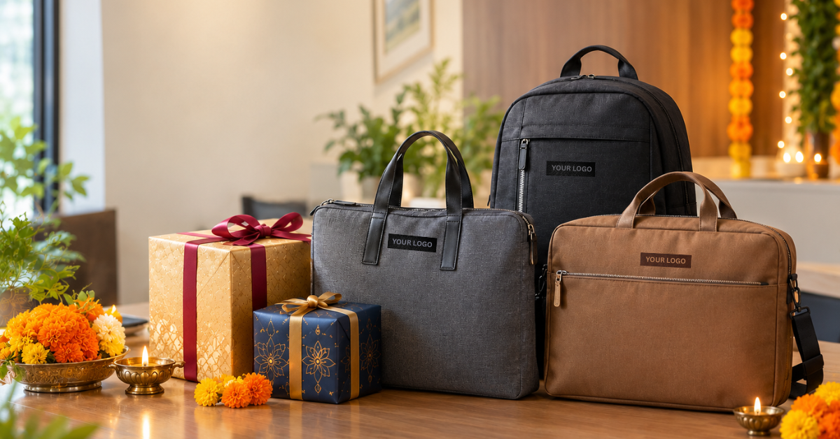 Custom branded bags arranged as Diwali corporate gifting 2026 gift sets